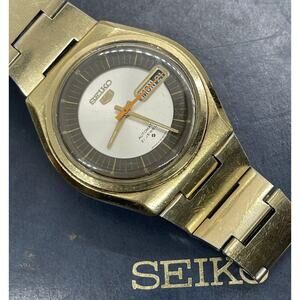 Vintage Seiko 5 Automatic 6119-8500 Day Date 21 Jewels Gold Tone 1970s w/ Box